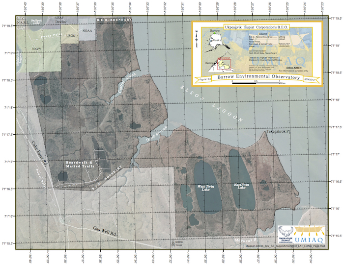 A map showing the 7,644-acre Barrow Environmental Observatory, the only zoned Scientific Research District in the U.S. Image courtesy of Lars Nelson, UIC GIS Department.