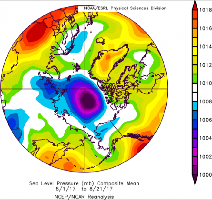 Figure 9. Sea level pressure field for early-to-mid August. Plot is provided by   NOAA/ESRL/PSD.