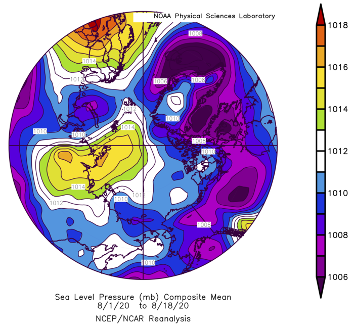 Figure 12. Average sea-level pressure in the Arctic in millibars (hPa) from 1–24 August 2020. Yellows and reds indicate high air pressure; blues and purples indicate low pressure. Figure courtesy of NOAA Earth System Research Laboratories: Physical Sciences Laboratory.