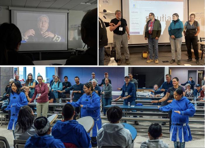 Figure 2. Top left: During a cultural orientation for out-of-town participants on the eve of the Utqiaġvik conference, UIC Science premiered a video of Indigenous elders sharing cultural insights and advice for researchers. Top right: Martin Edwardson, a Traditional Knowledge specialist at UIC science, taught participants how to pronounce a few Iñupiat words during breaks in the agenda. Photos courtesy of Jana Peirce. Bottom: Symposium participants learned movements to the mosquito dance during an evening r